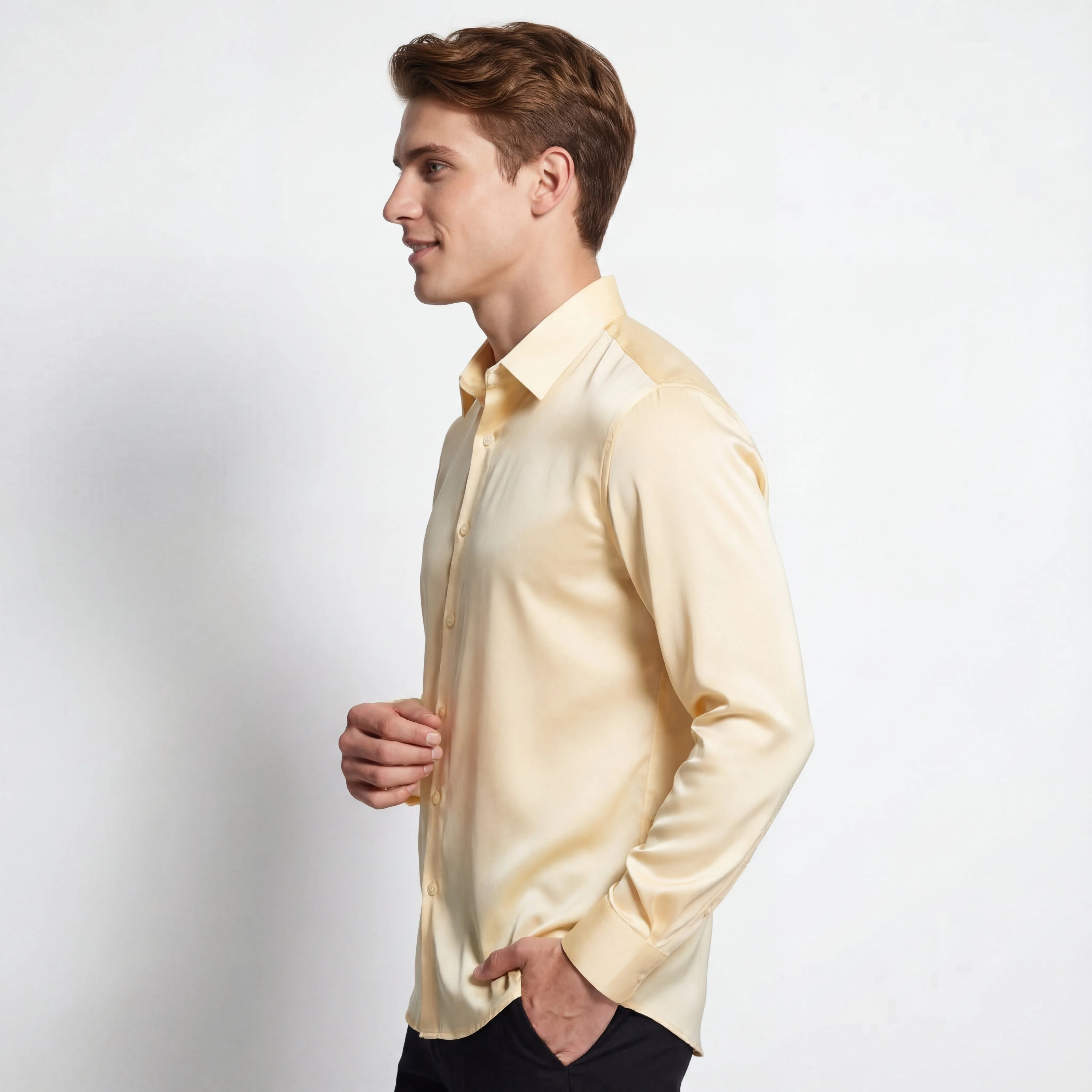 SIGNATURE SATIN STITCHLESS LS Shirt IVORY - Image 3