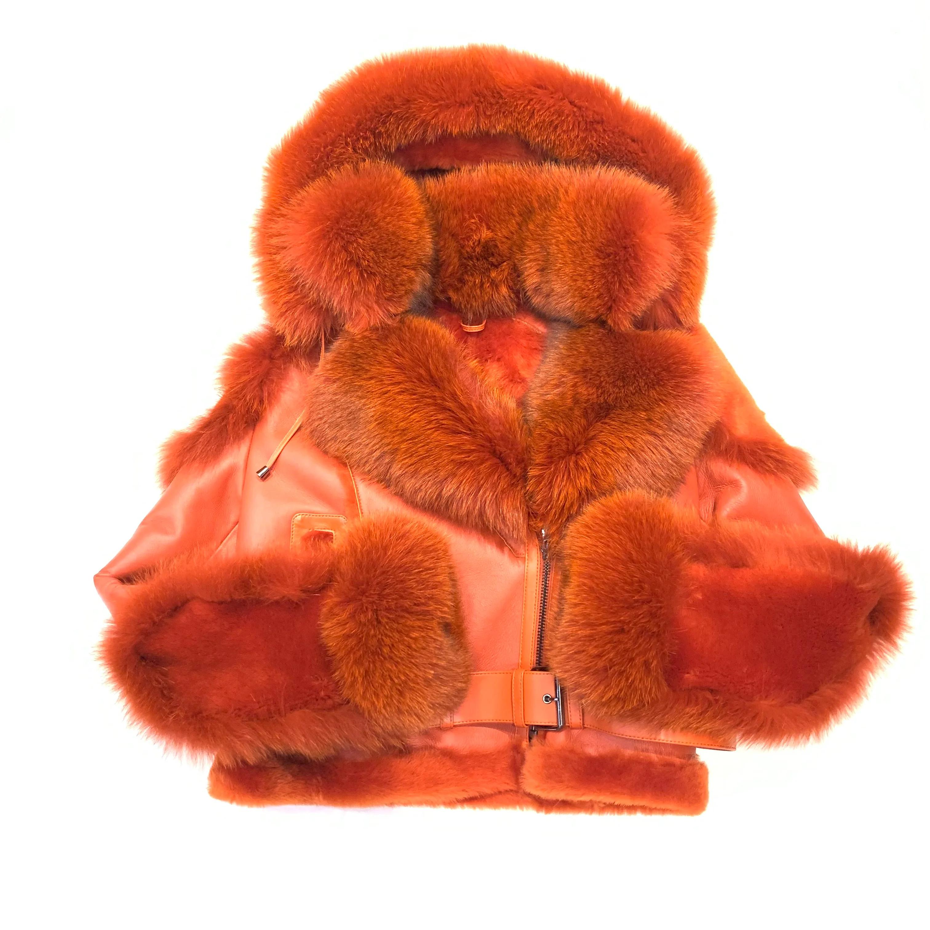 Kashani Ladies Burnt Orange Biker Fox Shearling Coat - Image 5