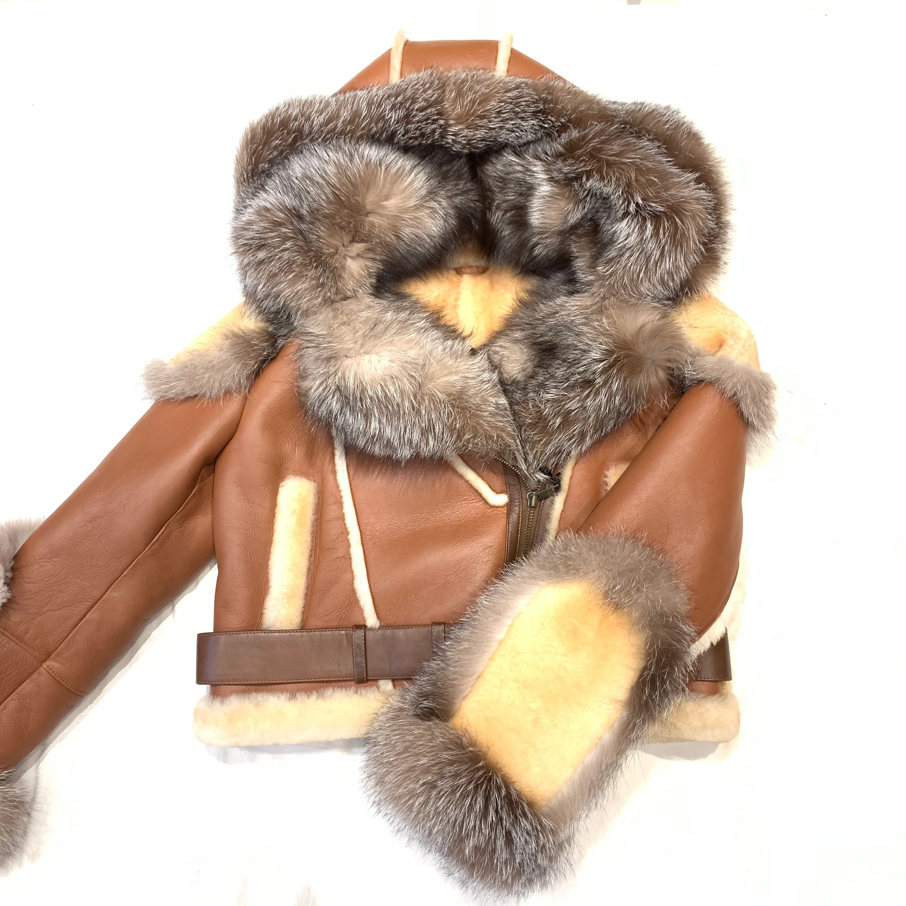 Kashani Women's Natural Fox Biker Shearling Coat - Image 3