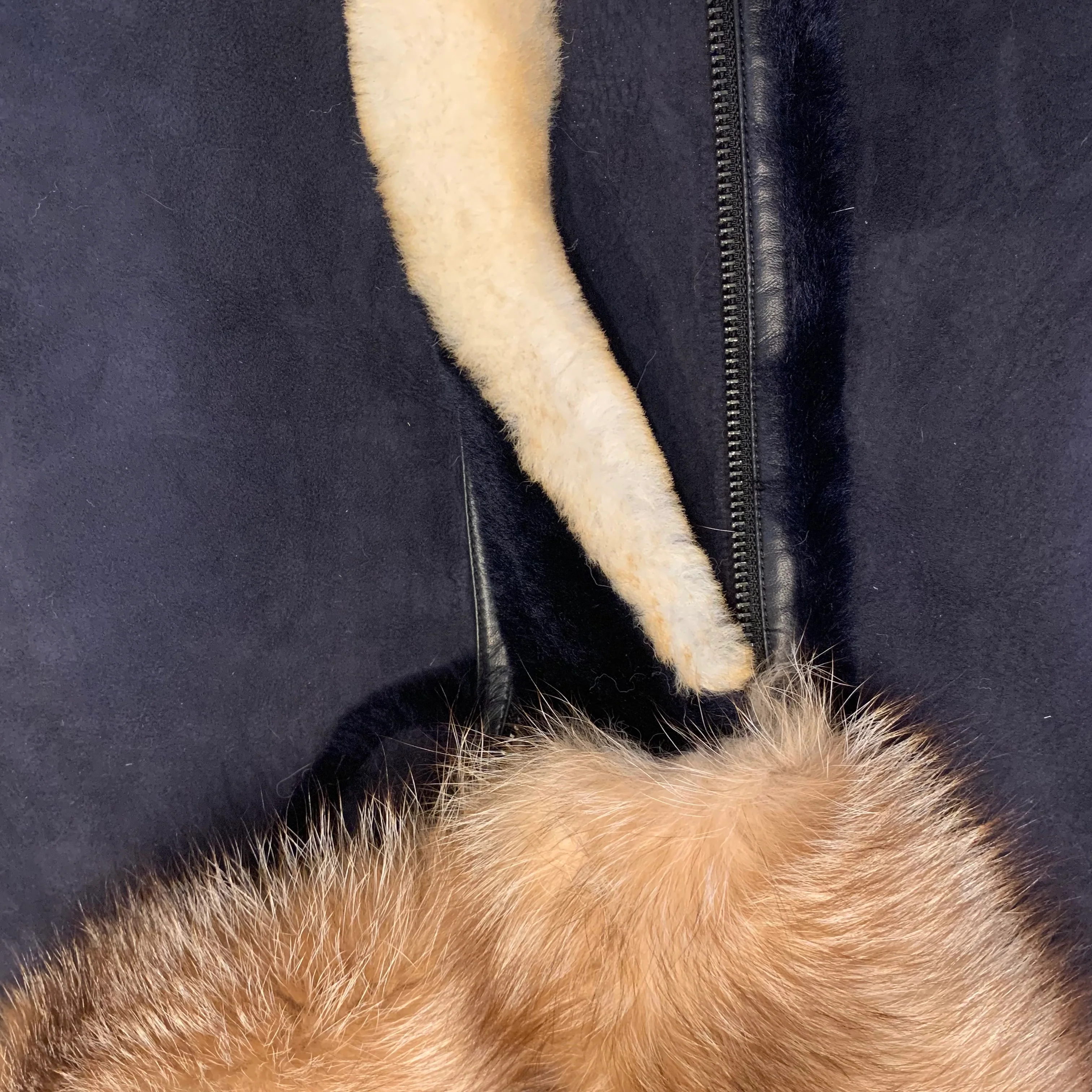 Kashani Men's Navy Blue Over Sized Fox Fur Collar/ Hooded Shearling Jacket - Image 2