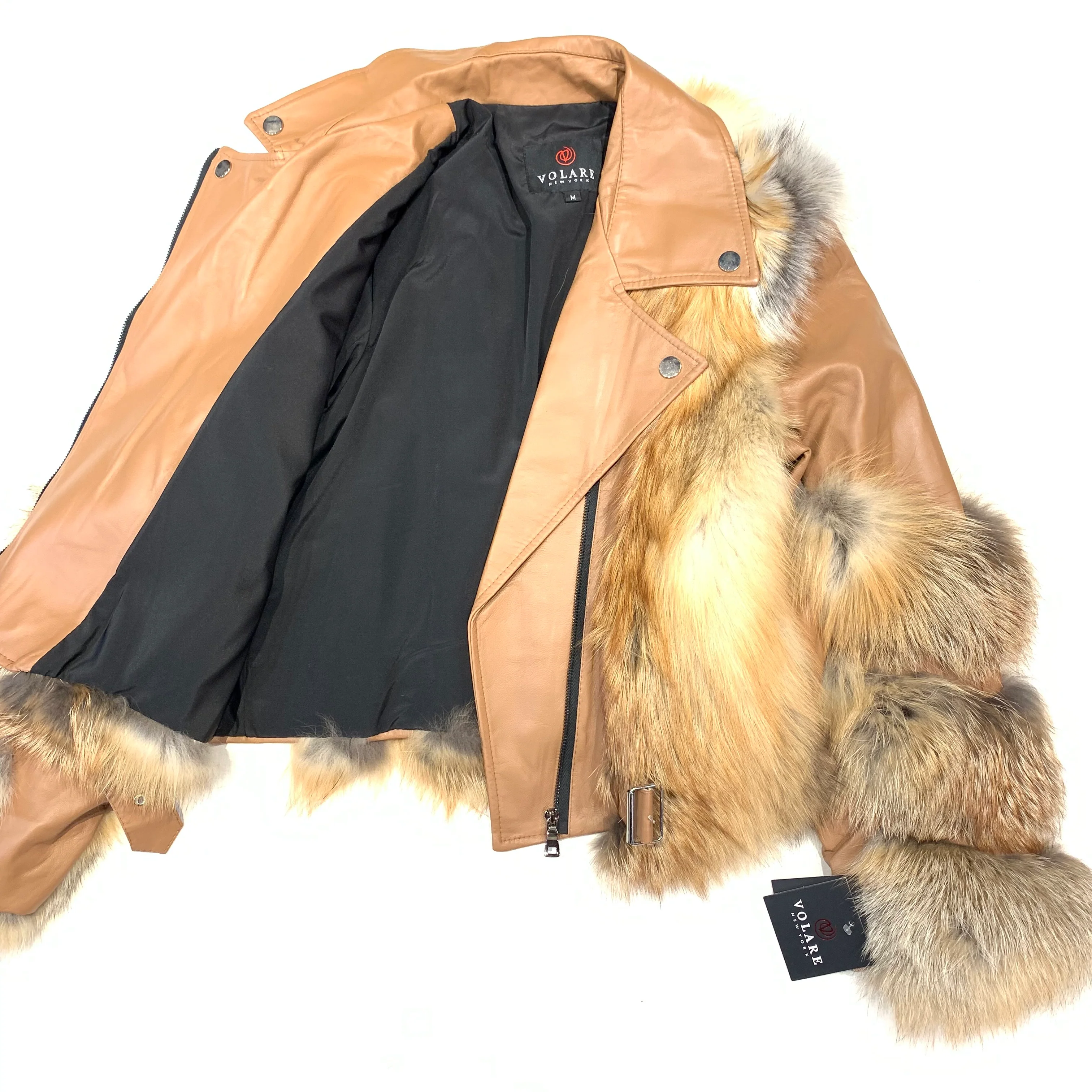 Volare Cognac Fox Fur Biker Jacket - Image 3